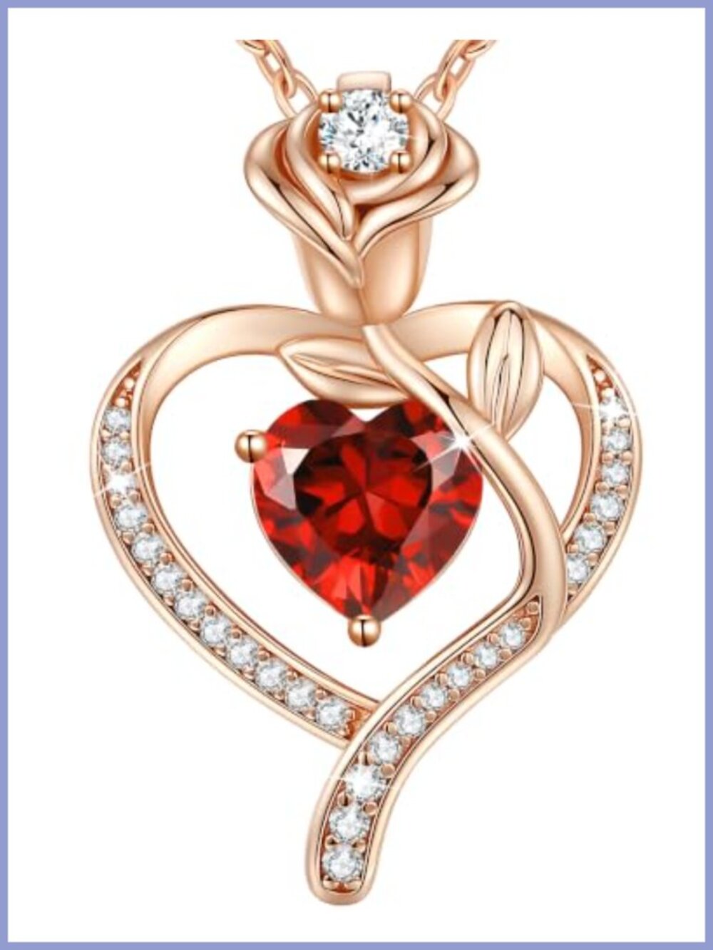 925 Sterling Silver Rose Heart Birthstone Necklace 17.71in Women Jewelry